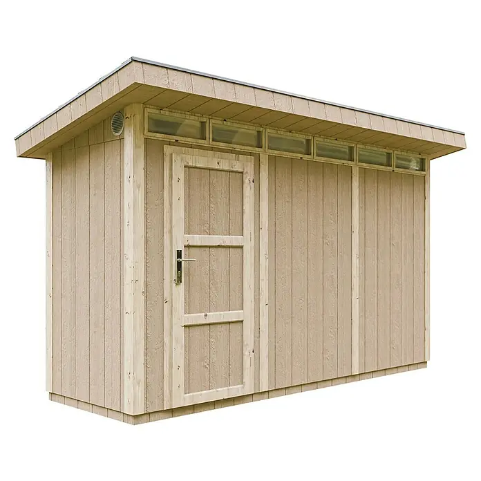 Timbela Gerätehaus M902 - Außenmaß inkl. Dachüberstand (B x T): 412 x 161 cm, Holz, Natur - Bild einer hellbraunen Gartenhütte mit Flachdach und Tür, ideal zur Aufbewahrung von Gartengeräten und -möbeln.