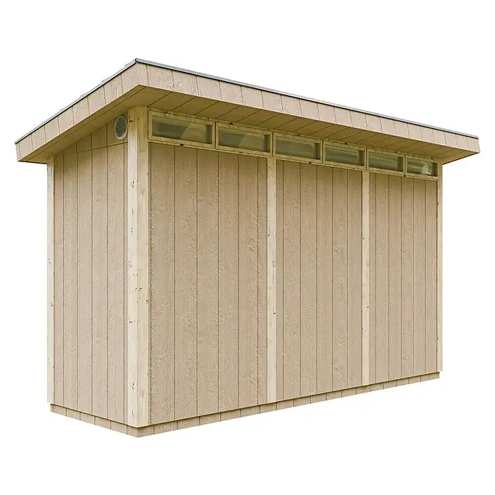 Timbela Gerätehaus M902 - Außenmaß inkl. Dachüberstand (B x T): 412 x 161 cm, Holz, Natur - Schuppen mit Pultdach und Oberlichtfenstern für Tageslicht. Die Holzkonstruktion ist hellbeige gestrichen.