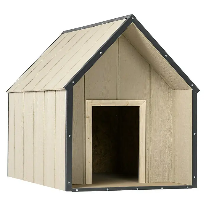 Timbela Hundehütte M972-1 LP SmartSide - 116 x 77 x 94 cm - Ein helles Holz-Hundehaus mit einem Satteldach und einem offenen Eingang, ideal für den Garten oder die Terrasse.