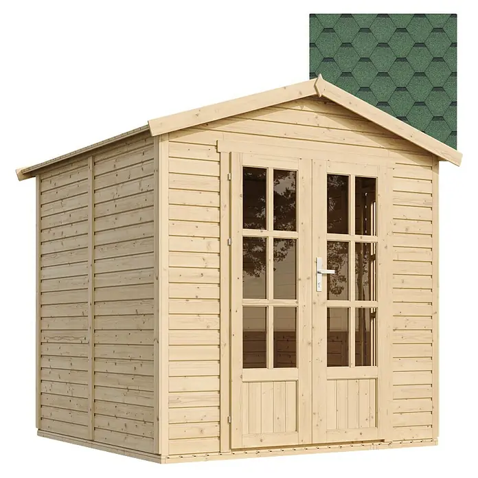 Timbela Gerätehaus M351FB+H351FBGREEN - Außenmaß inkl. Dachüberstand (B x T): 233 x 222 cm, Holz, Natur, Mit grünen Bitumenschindeln - Holzgartenhaus mit Doppeltür und Fenstern für den Außenbereich, ideal zur Aufbewahrung von Gartengeräten.