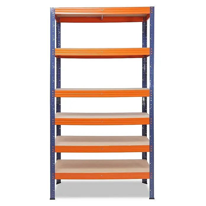 shelfplaza Schwerlastregal PRO - H x B x T: 200 x 120 x 50 cm, Traglast pro Boden: 200 kg, Stecken, blau-orange - Ein leeres Schwerlastregal mit sechs Böden. Das Regal hat blaue Rahmen und orangefarbene Regalböden.