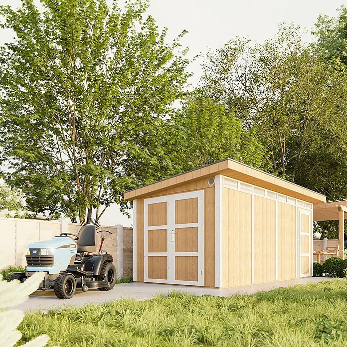 Timbela Gerätehaus M905C - Außenmaß inkl. Dachüberstand (B x T): 530 x 279 cm, Holz, Natur - Geräumiges Holzgartenhaus mit Doppeltür und Seitenfenstern neben einem Rasentraktor für zusätzlichen Stauraum im Freien.