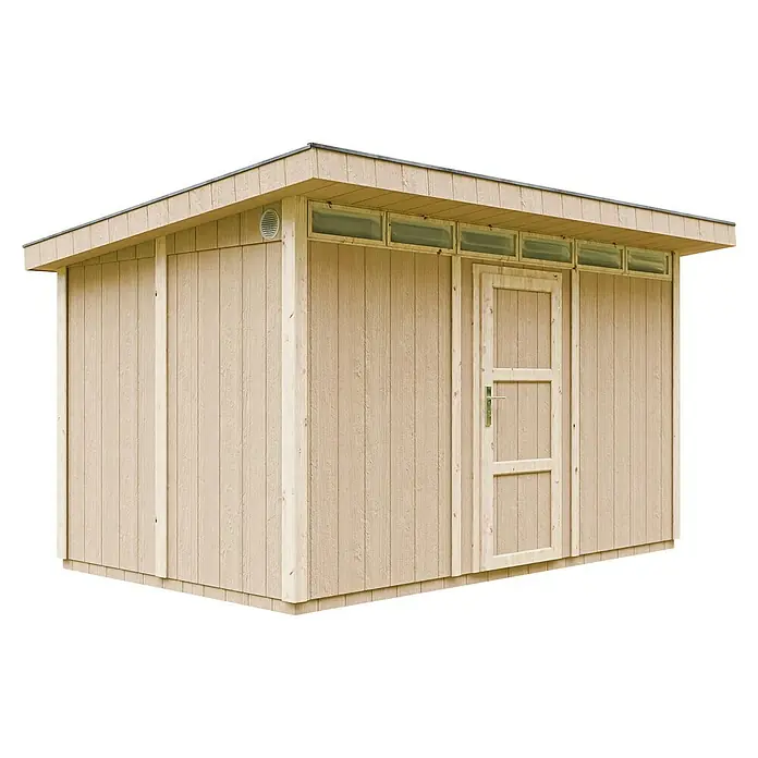 Timbela Gerätehaus M904 - Außenmaß inkl. Dachüberstand (B x T): 412 x 279 cm, Holz, Natur, Einzeltür - Ein beiges Holzgartenhaus mit einem Flachdach und einer Tür in der Mitte mit einem silbernen Griff. Es gibt Fenster zwischen Dach und Tür.