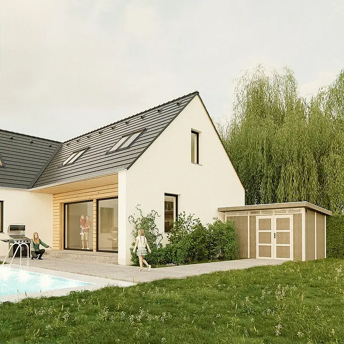 Timbela Gerätehaus M904A - Außenmaß inkl. Dachüberstand (B x T): 412 x 279 cm, Holz, Natur, Doppeltür - Ein modernes Haus mit Pool, Grill und Nebengebäude. Helle Fassade mit dunklem Dach und großen Fenstern. Der Garten ist gepflegt.