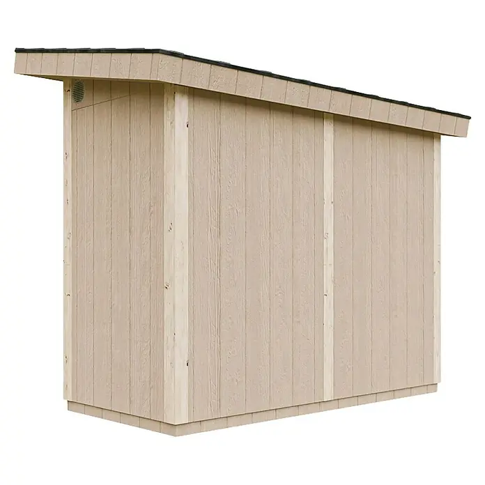 Timbela Gerätehaus M901A - Außenmaß inkl. Dachüberstand (B x T): 294 x 161 cm, Holz, Natur, Doppeltür - Ansicht eines beigen Holzschuppens mit geneigtem Dach, ideal für Gartenlagerung. Er besticht durch seine robuste Bauweise und das schlichte Design.