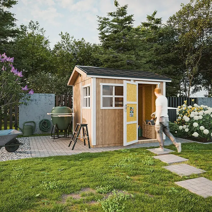 Timbela Gerätehaus M913 - Außenmaß inkl. Dachüberstand (B x T): 294 x 250 cm, Holz, Natur, Einzeltür - Gartenszene mit Holzschuppen, Grill und Mann. Der Holzschuppen bietet Stauraum für Gartengeräte und Zubehör.
