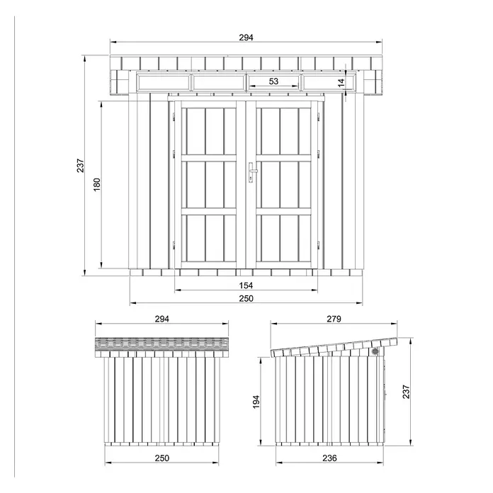 Timbela Gerätehaus M903A - Außenmaß inkl. Dachüberstand (B x T): 294 x 279 cm, Holz, Grau - Draufsicht des Holzschuppens mit seinen Abmessungen, die seine Konstruktion und Größe für den Garten oder Außenbereich zeigen.