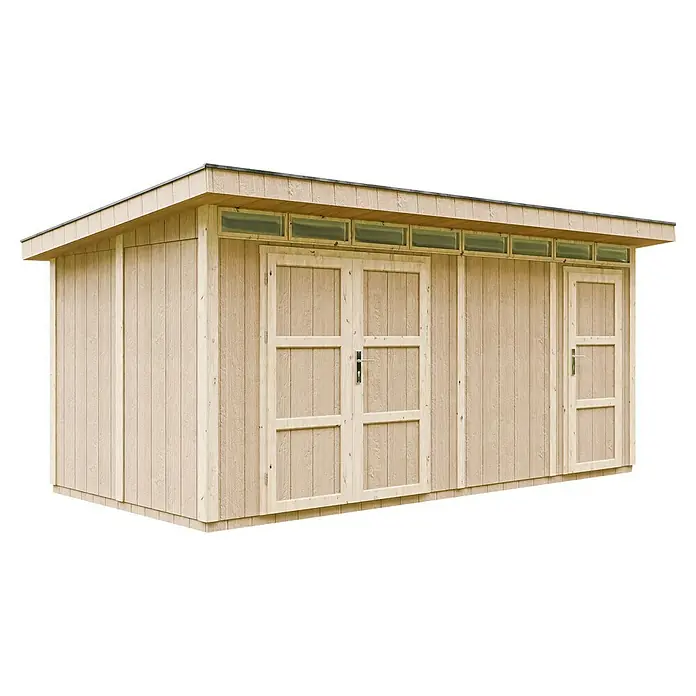 Timbela Gerätehaus M905C - Außenmaß inkl. Dachüberstand (B x T): 530 x 279 cm, Holz, Natur - Das Bild zeigt ein Holzschuppen mit Doppeltür und einem Fensterband unter dem Dach, ideal für die Gartenaufbewahrung.