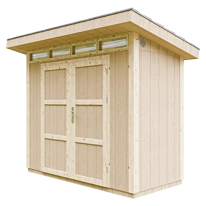 Timbela Gerätehaus M901A - Außenmaß inkl. Dachüberstand (B x T): 294 x 161 cm, Holz, Natur, Doppeltür - Ein hellbeige Gartenhaus mit Doppeltür und Oberlichtern unter dem Dach. Ideal für die Aufbewahrung von Gartengeräten.