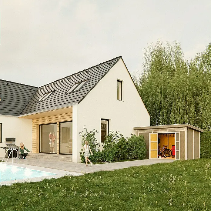 Timbela Gerätehaus M904A - Außenmaß inkl. Dachüberstand (B x T): 412 x 279 cm, Holz, Natur, Doppeltür - Ein modernes Haus mit einem grauen Geräteschuppen, der Fahrräder und Geräte beherbergt. Die helle Fassade harmoniert mit dem begrünten Garten.