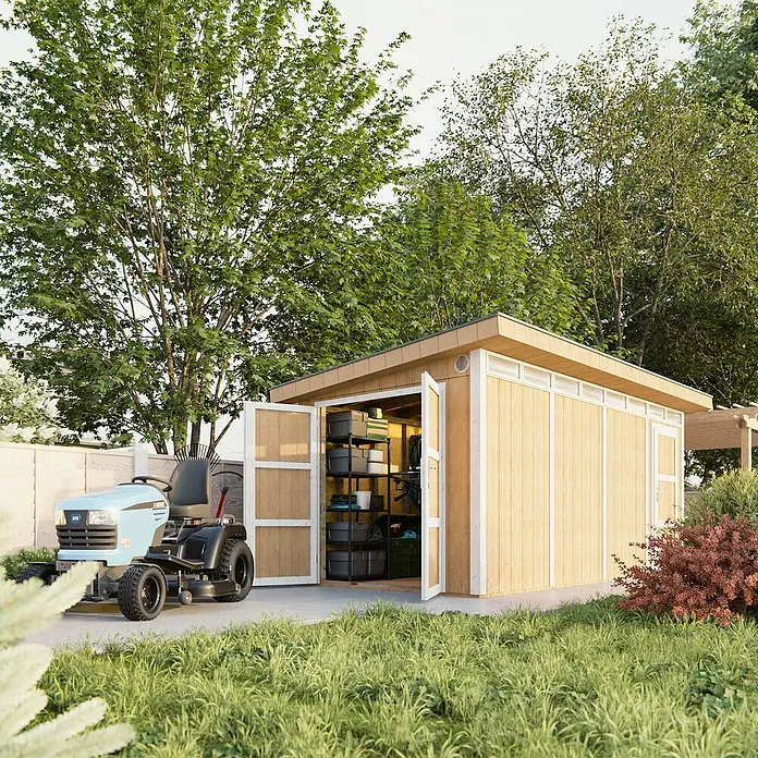 Timbela Gerätehaus M905C - Außenmaß inkl. Dachüberstand (B x T): 530 x 279 cm, Holz, Natur - Ein modernes Gartenschuppen-Design mit Doppeltüren, ideal zur Aufbewahrung von Gartengeräten und Werkzeugen im Freien.