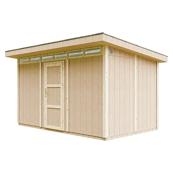 Timbela Gerätehaus M904 - Außenmaß inkl. Dachüberstand (B x T): 412 x 279 cm, Holz, Natur, Einzeltür - Ein geräumiges, hellbraunes Gartenhaus mit Tür und Fenstern unter dem Dach. Das Haus bietet Stauraum und ist gut belichtet.