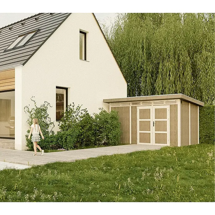 Timbela Gerätehaus M904A - Außenmaß inkl. Dachüberstand (B x T): 412 x 279 cm, Holz, Natur, Doppeltür - Das Bild zeigt ein charmantes Gartenhaus mit Doppeltür, ideal für die Aufbewahrung von Gartengeräten und -möbeln, harmonisch in eine grüne Umgebung eingebettet.