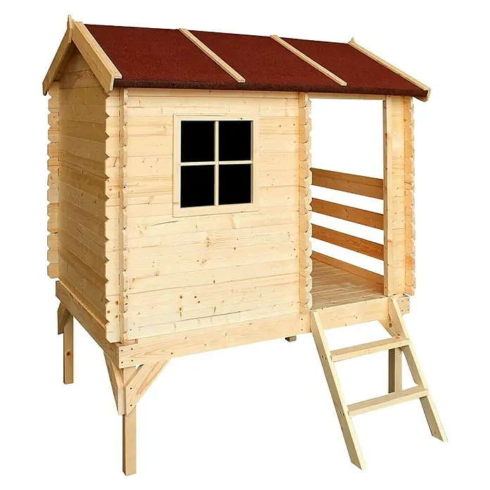 Timbela Spielhaus - L x B x H: 182 x 146 x 205 cm, Holz, Natur - Detailaufnahme eines hölzernen Spielhauses mit rotem Dach, Fenster und Leiter für Kinder zum Spielen im Garten.