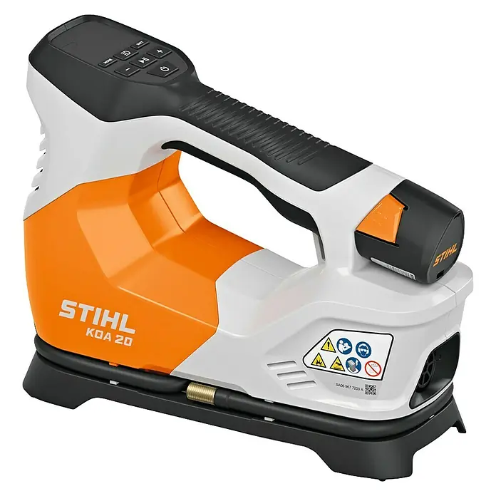 Stihl Akku-Kompressor KOA 20 SET AS 2 + AL 1 - 10,8 V, 1 Akku, 10,3 bar - Der STIHL KDA 20 Akku-Kompressor in Orange und Weiß ist kompakt, leicht und ideal für den mobilen Einsatz. Er bietet vielseitige Anwendungsmöglichkeiten.