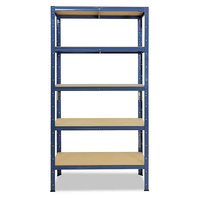 shelfplaza Schwerlastregal HOME - H x B x T: 200 x 50 x 40 cm, Traglast pro Boden: 175 kg, Stecken, blau - Ein Regal mit fünf Holzablagen und einem blauen Metallrahmen, ideal für die Organisation von Lagerbereichen und Garagen.