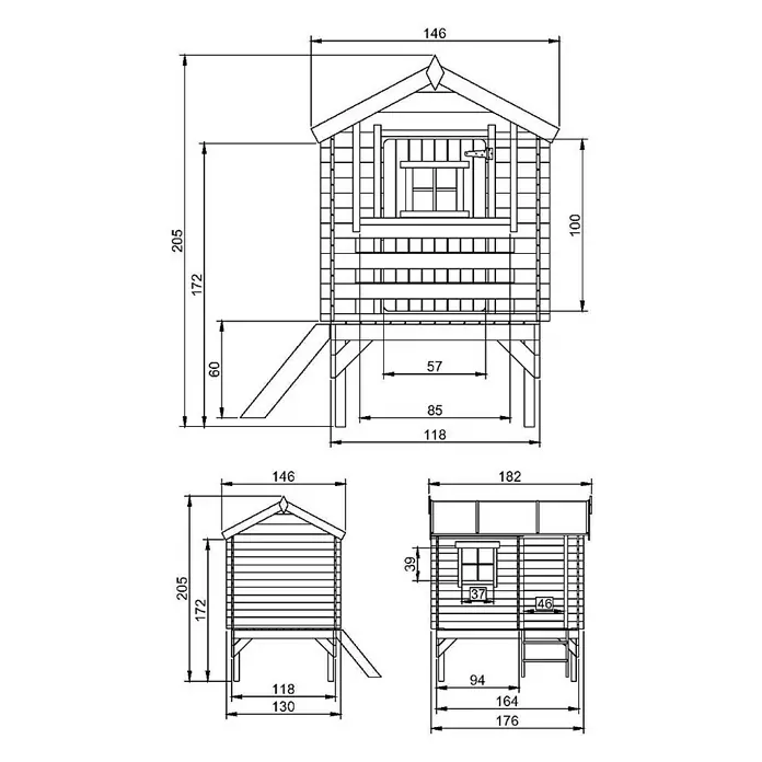 Timbela Spielhaus - L x B x H: 182 x 146 x 205 cm, Holz, Natur - Detailreiche Skizze eines Spielhauses mit Maßen, die die Höhe, Breite und Tiefe für den Aufbau angeben.