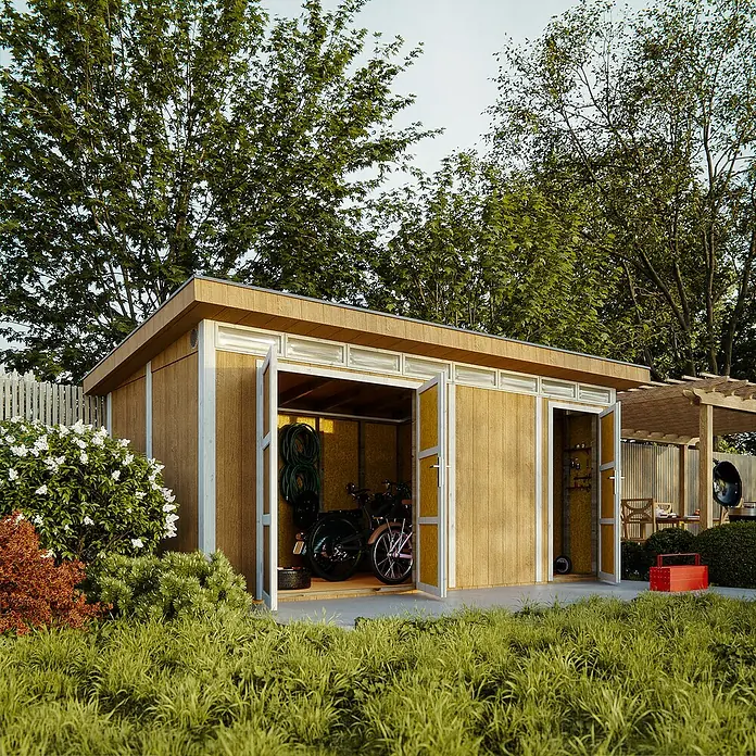 Timbela Gerätehaus M905C - Außenmaß inkl. Dachüberstand (B x T): 530 x 279 cm, Holz, Natur - Ein geräumiges Gartenschuppen mit geöffneten Türen, ideal für Fahrräder und Gartengeräte, fügt sich nahtlos in die grüne Umgebung ein.
