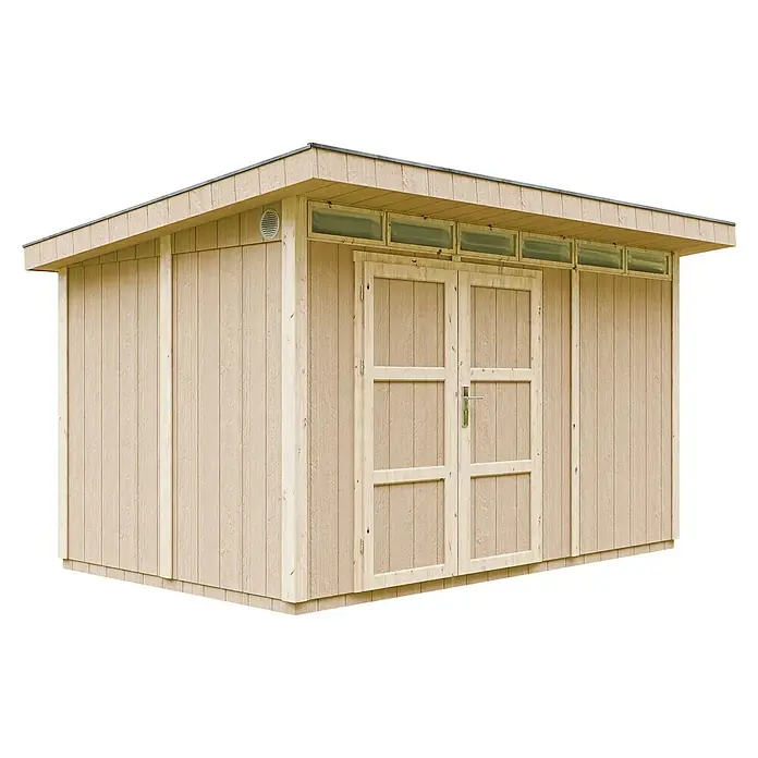 Timbela Gerätehaus M904A - Außenmaß inkl. Dachüberstand (B x T): 412 x 279 cm, Holz, Natur, Doppeltür - Eine hölzerne Gartenhütte mit Doppeltür und kleinen Fenstern unter dem Dach, ideal für die Aufbewahrung von Gartengeräten und -möbeln.
