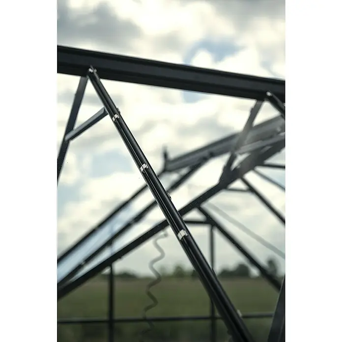 Halls Gewächshaus Icon Gardenhouse - Außenmaß inkl. Dachüberstand (B x T): 321,7 x 319,4 cm, Material Seitenwand: Glas, 3 mm, Schwarz - Detailaufnahme eines Gewächshausrahmens aus Metall mit Glasflächen, der eine klare, architektonische Linie vor bewölktem Himmel zeigt.
