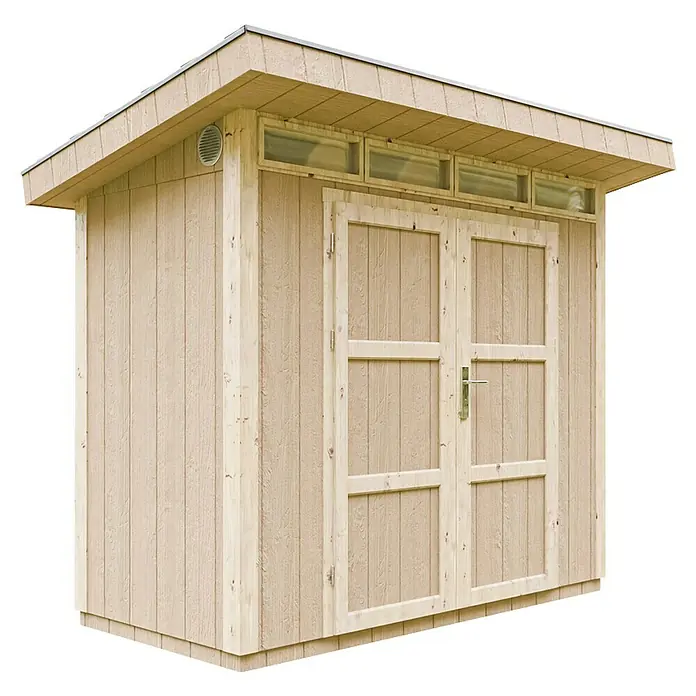 Timbela Gerätehaus M901A - Außenmaß inkl. Dachüberstand (B x T): 294 x 161 cm, Holz, Natur, Doppeltür - Abbildung eines Holzgartenschuppens mit Doppeltür und Oberlichtern, ideal zur Aufbewahrung von Gartengeräten und -möbeln.