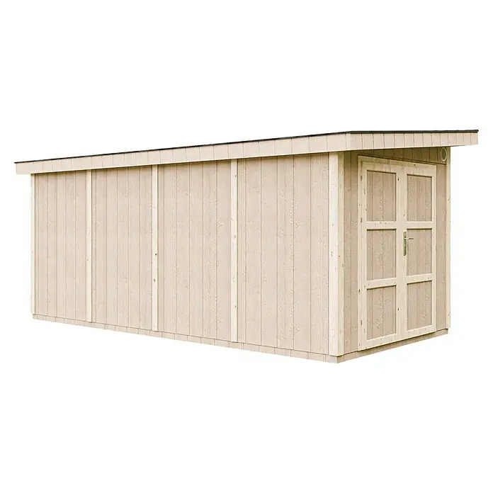 Timbela Gerätehaus M905C - Außenmaß inkl. Dachüberstand (B x T): 530 x 279 cm, Holz, Natur - Nahaufnahme eines Gartenschuppens mit Doppeltür und Holzverkleidung, ideal für die Aufbewahrung von Gartengeräten.