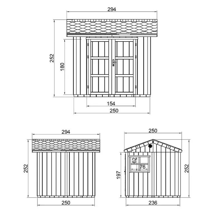 Timbela Gerätehaus M913A - Außenmaß inkl. Dachüberstand (B x T): 294 x 250 cm, Holz, Natur, Doppeltür - Schemazeichnung eines Gartenhauses mit Maßangaben für Bau oder Planung.