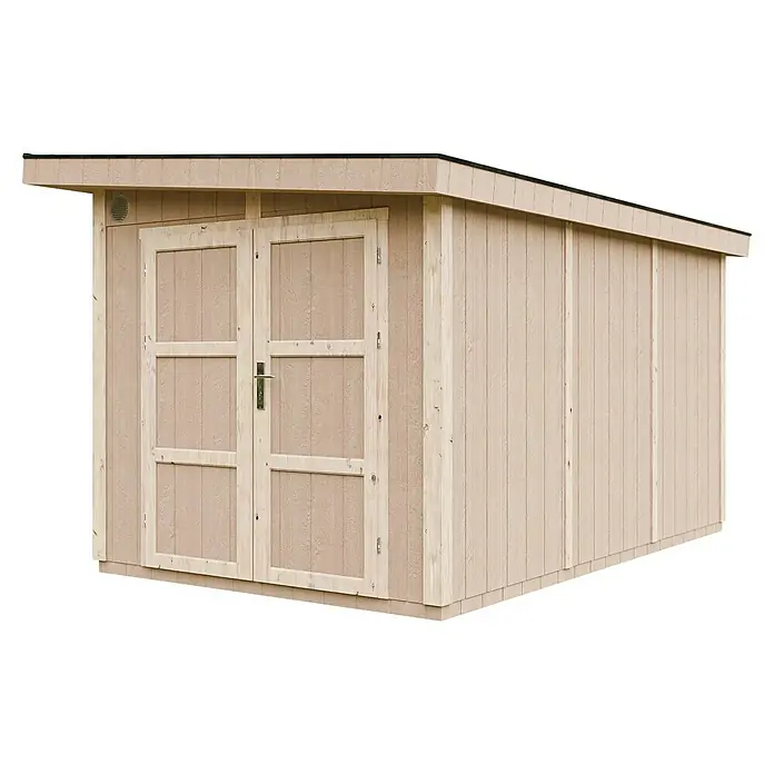 Timbela Gerätehaus M904A - Außenmaß inkl. Dachüberstand (B x T): 412 x 279 cm, Holz, Natur, Doppeltür - Geräumiger Holzschuppen mit Doppeltüren. Ideal für die Gartenaufbewahrung und Geräte, bietet Schutz vor Witterungseinflüssen und schafft Ordnung.