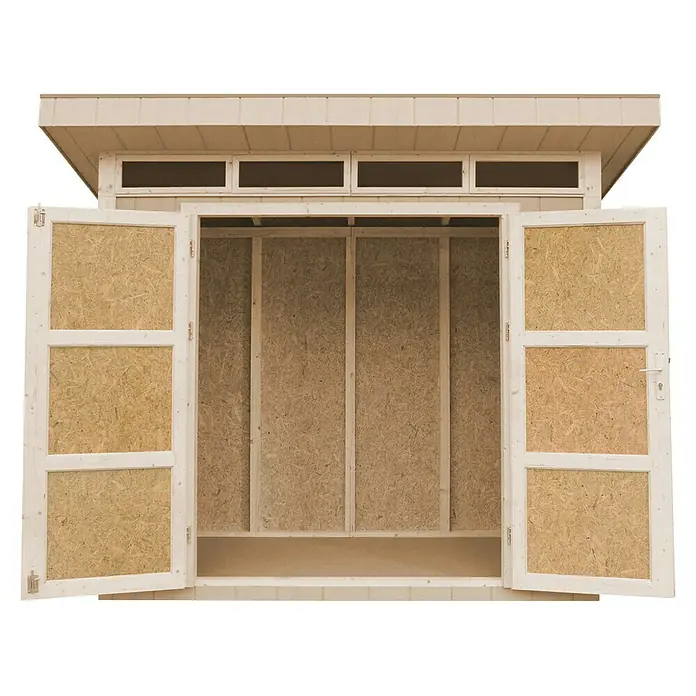 Timbela Gerätehaus M901A - Außenmaß inkl. Dachüberstand (B x T): 294 x 161 cm, Holz, Natur, Doppeltür - Bild eines offenen Holzschuppens mit Holztüren, der einen Blick auf den Innenraum mit Holzplatten gewährt.
