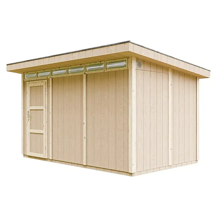 Timbela Gerätehaus M904 - Außenmaß inkl. Dachüberstand (B x T): 412 x 279 cm, Holz, Natur, Einzeltür - Außenansicht eines Holzschuppens mit Tür und Oberlichtern, der eine praktische und stilvolle Lösung für die Gartenaufbewahrung bietet.