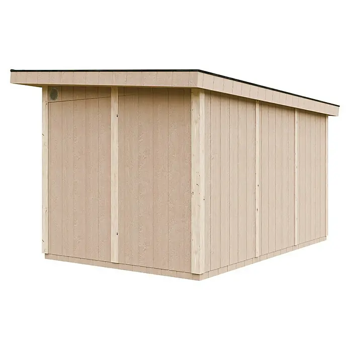 Timbela Gerätehaus M904A - Außenmaß inkl. Dachüberstand (B x T): 412 x 279 cm, Holz, Natur, Doppeltür - Beige Gartenlaube mit geneigtem Dach für Gartengeräte oder als Lagerraum, dargestellt in der Außenansicht mit Holzverkleidung.