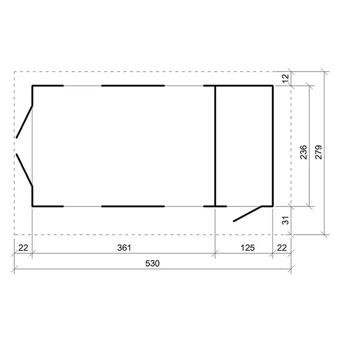 Timbela Gerätehaus M905C - Außenmaß inkl. Dachüberstand (B x T): 530 x 279 cm, Holz, Natur - Grundrisszeichnung eines Holzhauses mit verschiedenen Abmessungen für die Planung und den Bau.
