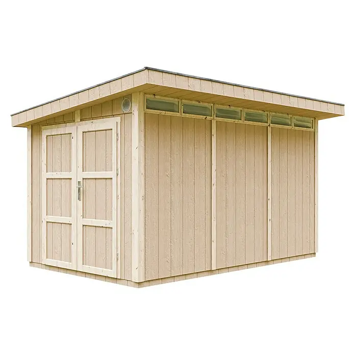 Timbela Gerätehaus M904A - Außenmaß inkl. Dachüberstand (B x T): 412 x 279 cm, Holz, Natur, Doppeltür - Ein helles Holzgartenhaus mit Doppeltür und Fenstern unter dem Dach bietet Stauraum und Tageslicht für Gartenutensilien.
