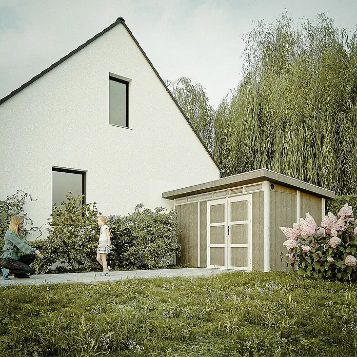 Timbela Gerätehaus M904A - Außenmaß inkl. Dachüberstand (B x T): 412 x 279 cm, Holz, Natur, Doppeltür - Gartenszene mit einem Holzgartenhaus, umgeben von Grün. Die Holzhütte bietet zusätzlichen Stauraum im Garten.