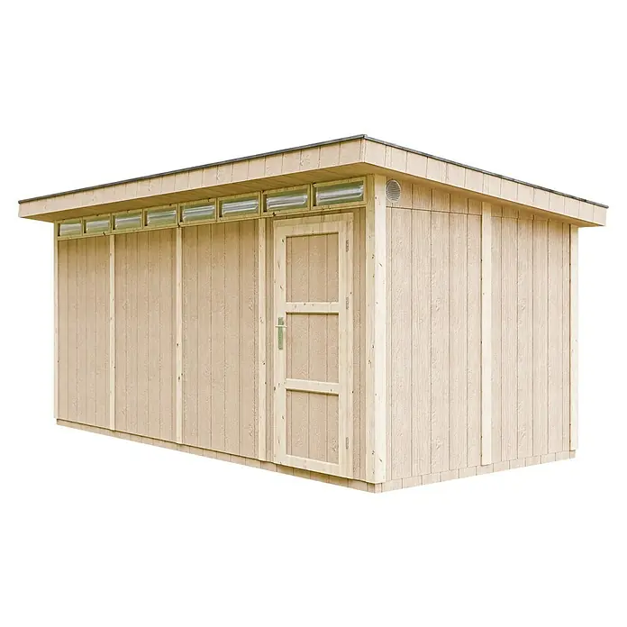 Timbela Gerätehaus M905C - Außenmaß inkl. Dachüberstand (B x T): 530 x 279 cm, Holz, Natur - Das Bild zeigt einen Holzschuppen mit einem Pultdach, einer Tür und mehreren Fenstern unterhalb des Dachs. Der Schuppen ist in einem hellen Holzton gehalten.