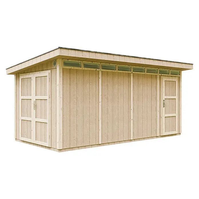 Timbela Gerätehaus M905C - Außenmaß inkl. Dachüberstand (B x T): 530 x 279 cm, Holz, Natur - Diese Abbildung zeigt ein modernes Holzgartenhaus mit flachem Dach, hellen Holzpaneelen und Fenstern unter dem Dach. Zwei Türen flankieren die Seiten.
