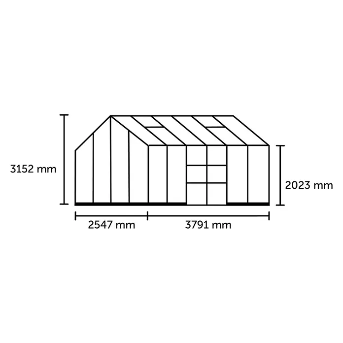 Halls Gewächshaus Icon Planthouse - Außenmaß inkl. Dachüberstand (B x T): 379,1 x 254,7 cm, Material Seitenwand: Glas, 3 mm, Grün - Schemazeichnung eines Gewächshauses mit Höhen- und Breitenangaben in Millimetern. Übersichtliche Darstellung der Konstruktionsdetails.