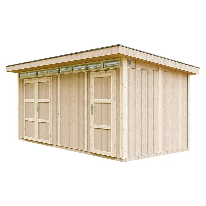 Timbela Gerätehaus M905C - Außenmaß inkl. Dachüberstand (B x T): 530 x 279 cm, Holz, Natur - Holzschuppen mit Doppeltür und Einzeltür. Der Schuppen hat ein flaches Dach und eine helle Holzfarbe.