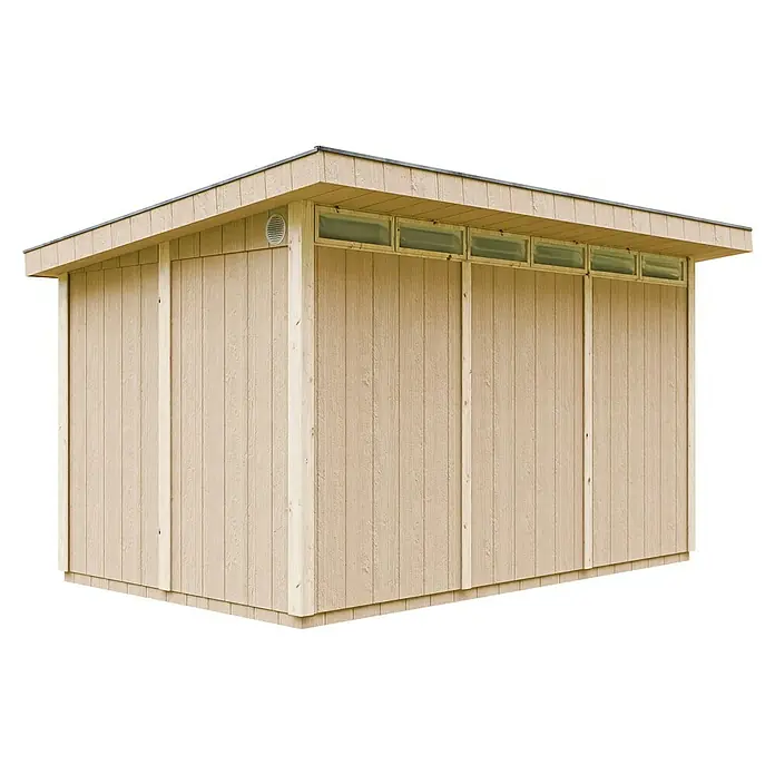 Timbela Gerätehaus M904 - Außenmaß inkl. Dachüberstand (B x T): 412 x 279 cm, Holz, Natur, Einzeltür - Nahaufnahme eines Holzschuppens mit Flachdach, der eine robuste und natürliche Ästhetik für die Gartenaufbewahrung bietet.