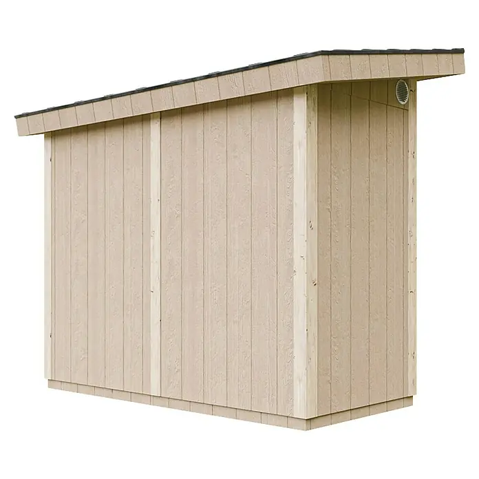 Timbela Gerätehaus M901A - Außenmaß inkl. Dachüberstand (B x T): 294 x 161 cm, Holz, Natur, Doppeltür - Außenansicht eines modernen Geräteschuppens mit schrägem Pultdach und vertikaler Holzverkleidung in Beige, ideal für Garten und Werkzeug.