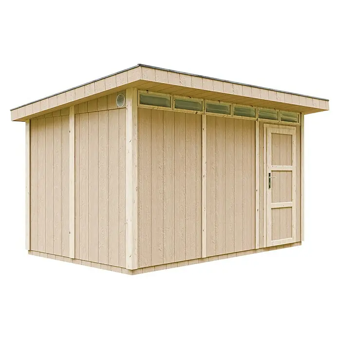 Timbela Gerätehaus M904 - Außenmaß inkl. Dachüberstand (B x T): 412 x 279 cm, Holz, Natur, Einzeltür - Ein beiges Gartenhaus mit einer Tür und Fenstern unter dem Dach. Das Holzhaus bietet Stauraum und Schutz vor Wind und Wetter.