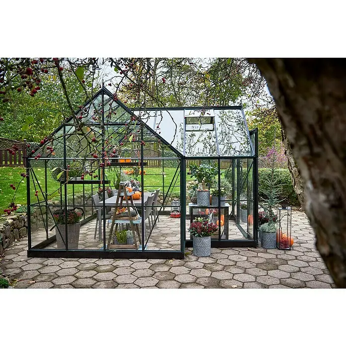Halls Gewächshaus Icon Gardenhouse - Außenmaß inkl. Dachüberstand (B x T): 383,9 x 381,5 cm, Material Seitenwand: Glas, 3 mm, Grün - Ein elegantes Gewächshaus aus Glas mit schwarzen Rahmen und einer Vielzahl von Pflanzen und Dekorationen im Inneren.