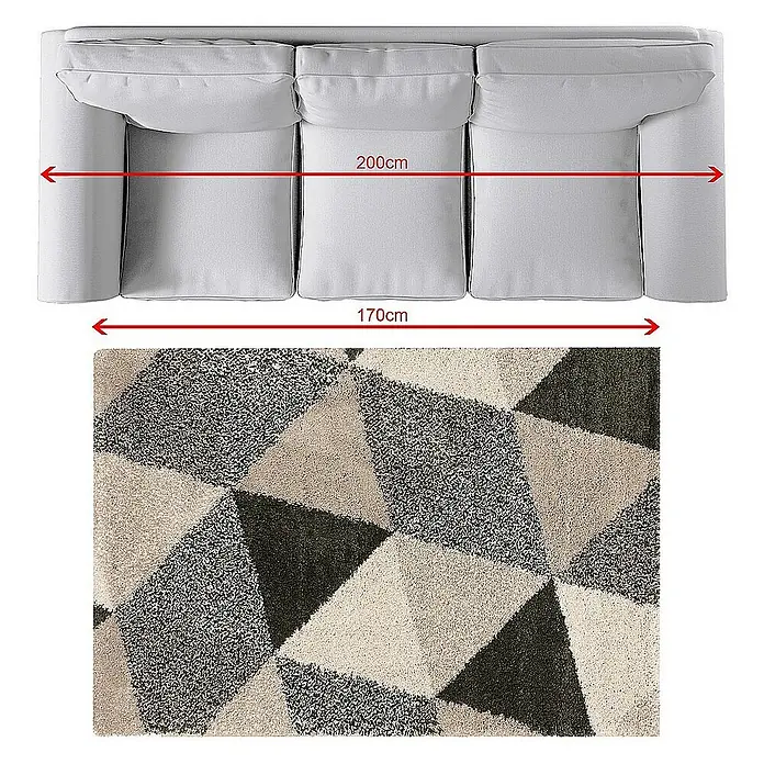 Dekoria Flachgewebeteppich - grün, beige, 170 x 120 cm - Abbildung eines Sofas mit den Maßen 200 cm Breite und eines Teppichs mit den Maßen 170 cm Breite, der unter das Sofa passt.
