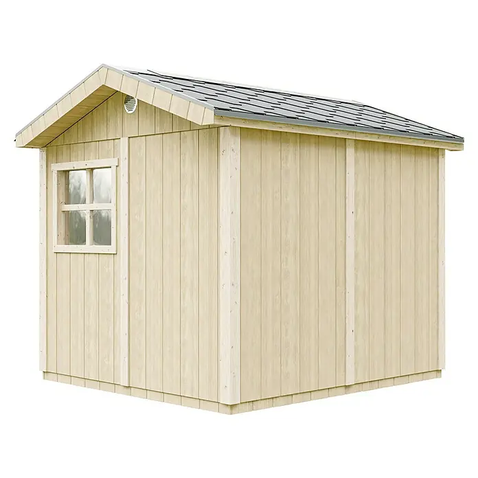 Timbela Gerätehaus M913A - Außenmaß inkl. Dachüberstand (B x T): 294 x 250 cm, Holz, Natur, Doppeltür - Eine Außenansicht eines hellgelben Holzschuppens mit grauem Dach, der sich perfekt für die Gartenaufbewahrung eignet.