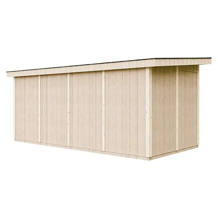 Timbela Gerätehaus M905C - Außenmaß inkl. Dachüberstand (B x T): 530 x 279 cm, Holz, Natur - Seitenansicht eines beigefarbenen, schmalen Schuppens mit Bretterzaun und einem leichten Pultdach für zusätzlichen Stauraum im Außenbereich.