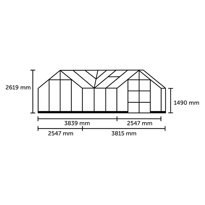 Halls Gewächshaus Icon Gardenhouse - Außenmaß inkl. Dachüberstand (B x T): 383,9 x 381,5 cm, Material Seitenwand: Glas, 3 mm, Schwarz - Abbildung eines Gewächshausmodells mit Größenangaben zu Höhe und Breite in Millimetern für Planungszwecke.