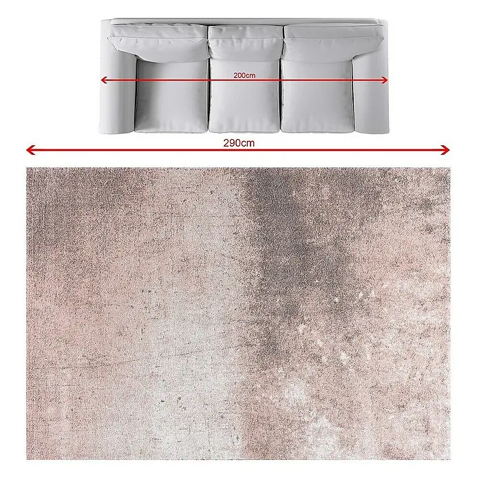 Dekoria Flachgewebeteppich - grau, pink, creme - Eine Ansicht von oben auf ein graues Sofa mit Messungen darüber, zusammen mit einem grauen und rosafarbenen Teppich darunter.