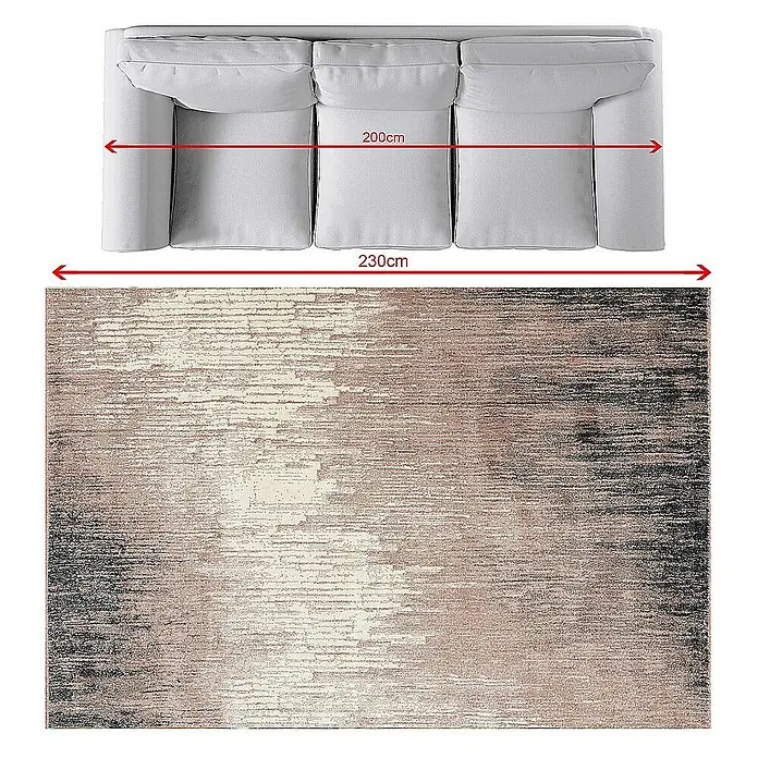 Dekoria Flachgewebeteppich - pink, beige, 230 x 160 cm - Teppich mit abstraktem Muster unter einem grauen Sofa. Das Sofa ist 200 cm breit und der Teppich 230 cm.