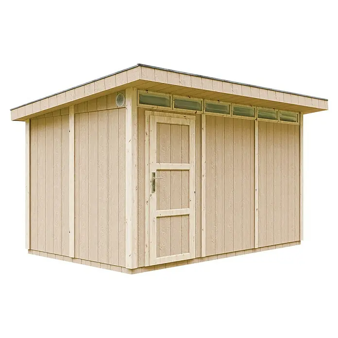 Timbela Gerätehaus M904 - Außenmaß inkl. Dachüberstand (B x T): 412 x 279 cm, Holz, Natur, Einzeltür - Dieses Bild zeigt ein helles Holzgartenhaus mit Flachdach, Tür und Fenstern unterhalb des Dachs. Das Holz weist eine schöne Maserung auf.