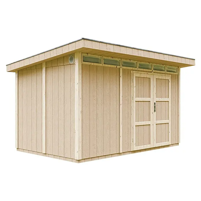 Timbela Gerätehaus M904A - Außenmaß inkl. Dachüberstand (B x T): 412 x 279 cm, Holz, Natur, Doppeltür - Eine Gartenlaube aus hellem Holz mit Doppeltüren und kleinen Fenstern unter dem Dach. Das Gartenhaus bietet viel Stauraum für Gartengeräte.